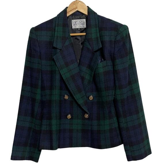 Le Suit Paris New York Vintage90s Double Breasted Blazer Plaid Navy Green - Picture 2 of 6